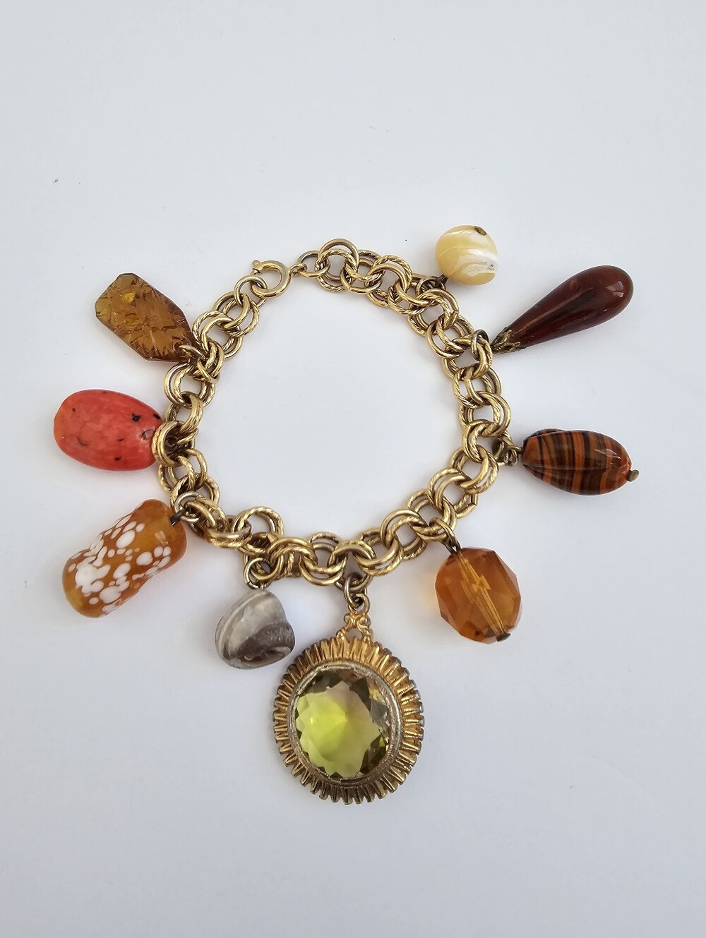 Vintage 1960s Gold Rolo Charm Bracelet Glass Resin Amber Sunburst Medallion